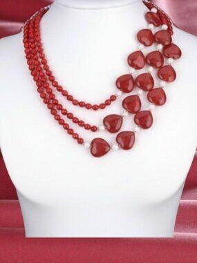 Charming 3 Rows Natural 6mm Red Jade Round & Heart Gems Beaded Necklace 17-21”